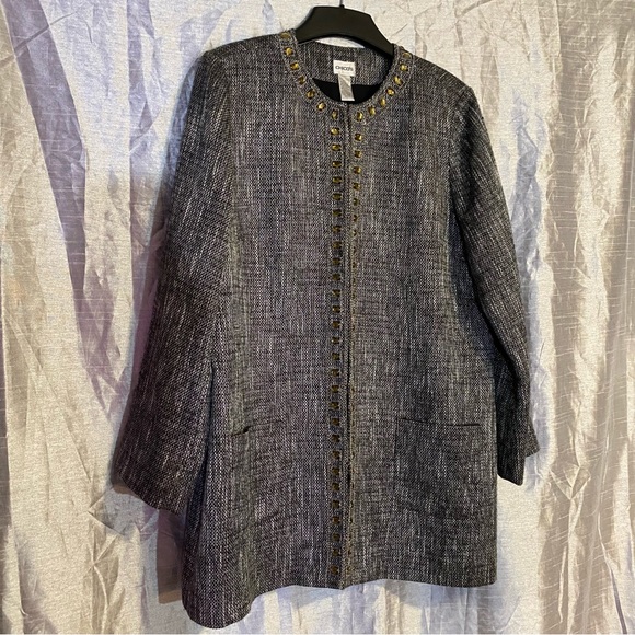 Chico’s tweed long jacket, SZ 3, XL hook closures,rhinestone embellishment, GUC - Picture 13 of 13